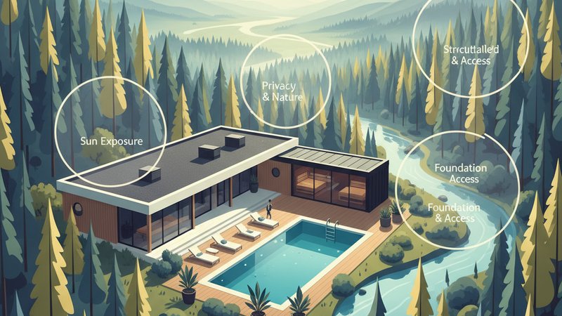 Современная иллюстрация для статьи о выборе места для бани с бассейном на участке.